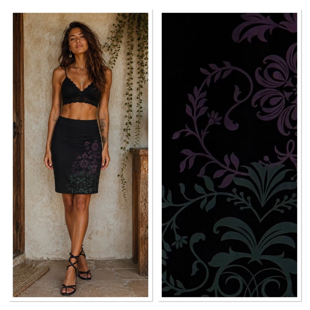 Sahalie Floral Damask Print Pencil Skirt Black Purple Boho Chic Art to Wear L